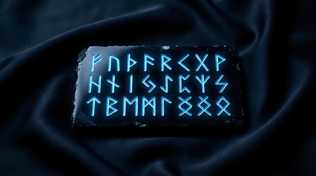 Neon glowing runes and ancient symbols on dark fabric in cyan light
