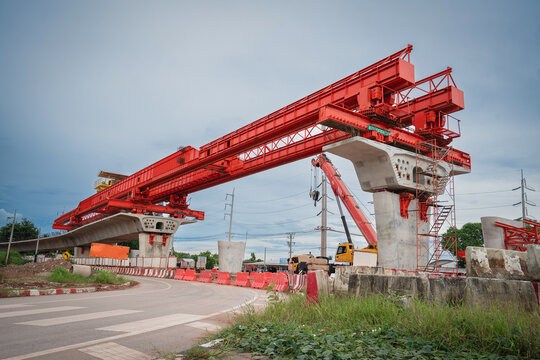 Road construction structure on a concrete bridge at the construction site of a concrete bridge over an intersection, expressway, or bypass.