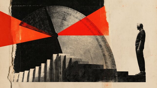 Collage and mixed-media illustration of a protractor opening in soft cinematic light