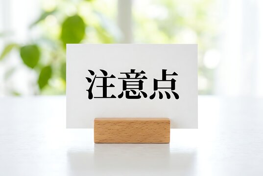 A white card with chinese characters ""注 意 点"" displayed in a wooden stand on a clean white table with blurred green foliage in background signifying important notice or points.