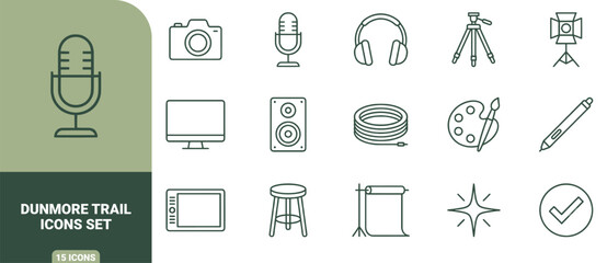 Fototapeta premium Collection of green outline icons related to multimedia production, audio recording, and equipment icon set