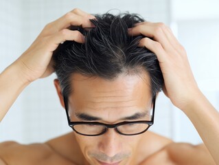 Fototapeta premium 鏡の前で白髪が増えたことを気にして頭皮や髪の状態をチェックする中年男性の様子