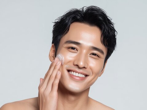美白クリームを頬に塗り爽やかな笑顔を見せるスキンケア中の清潔感あふれる若い男性