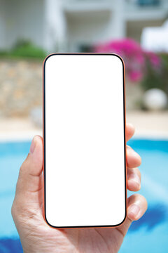 Man hand vertically holding phone isolated white screen mockup pool