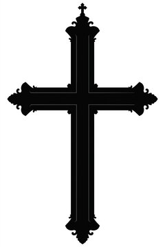 Ornate decorative christian cross solid black silhouette with ornate decorative details isolated on plain white background for religious design and spiritual decoration