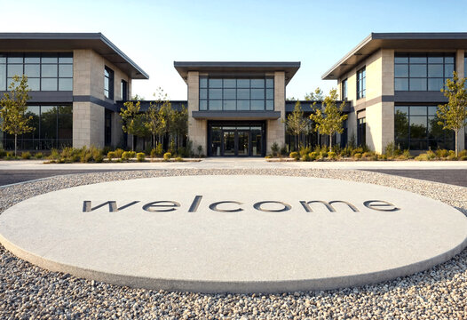Modern corporate office building with welcoming entrance and landscaped surroundings under clear sky