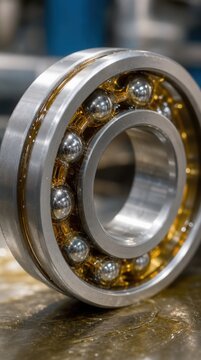 Close-up image of a metallic ball bearing with shiny steel balls and lubricant inside, placed on a workshop surface.