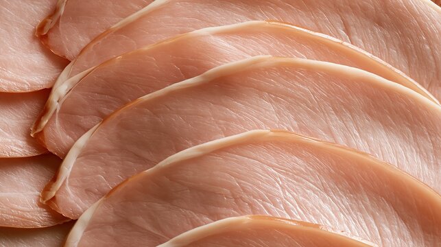 Thinly sliced fresh cooked ham arranged in overlapping pattern showing delicious pink cured meat product for breakfast and homemade sandwich making