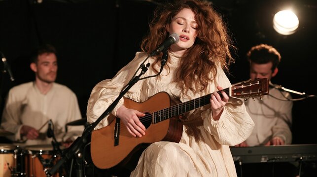 Female singer with curly red hair playing acoustic guitar and singing into microphone during live music performance on small dark stage with accompanying band members