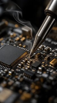 Close-up of a soldering iron tip melting solder on a microchip, highlighting precision electronics work with smoke rising from the heated connection.