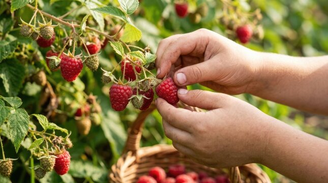 Hands Picking Ripe Fresh Raspberries from Bush During Summer Harvest in Garden