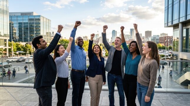 Diverse Business Team Celebrating Success with Raised Fists in Modern Urban Office District
