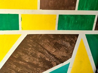 Abstract Geometric Wall Mural with Yellow Green and Brown Blocks © Fitri