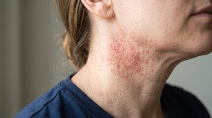 Naklejka premium Close Up of Red Inflamed Skin Rash and Irritation on Adult Woman Neck