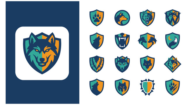 Wolf head and animal shield emblem vector icon set with predator, wildlife
