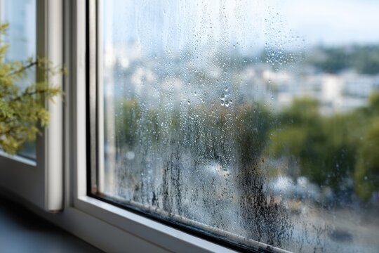 Moisture droplets clinging to the interior surface of a modern window overlooking a blurred cityscape on a humid or rainy day