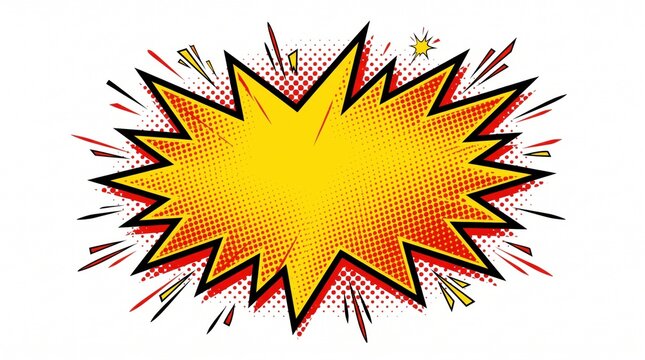 Comic book explosion bubble, yellow retro speech cloud with halftone dots, pop art burst frame for text, vintage action graphic