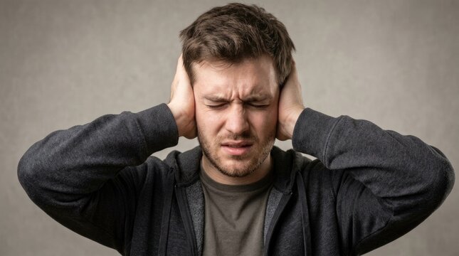 Young Man Covering His Ears with Hands Experiencing Noise Sensitivity and Discomfort