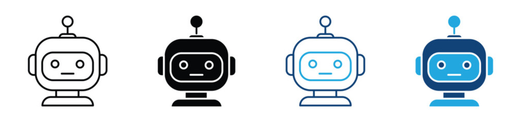 Naklejka premium AI Robot Head Icon Set. Artificial Intelligence Technology Automation Symbols. Outline Glyph Colored Line Fill Style. Vector Illustration