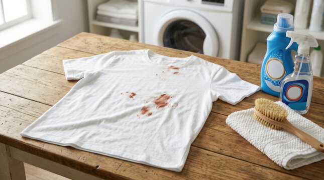 Stained White T Shirt with Laundry Detergent and Cleaning Supplies on Wooden Table