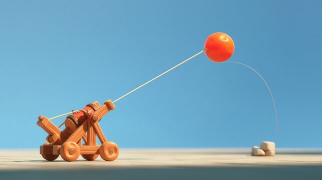 Glossy claymation-style illustration of a small catapult