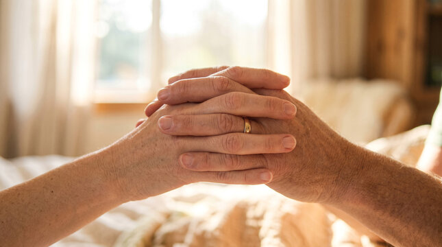 Couple holding hands together in support and unity while resting in bed with soft lighting emphasizing emotional connection and partnership.