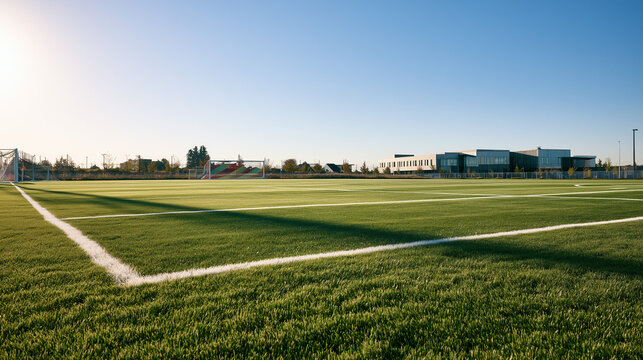 Sunny Contemporary School Soccer Field With Goal
