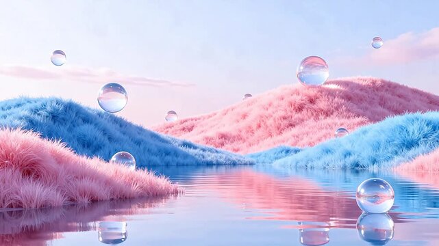 Colorful fluffy hills with floating spheres