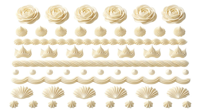 Buttercream frosting borders and piping set, white whipped cream swirls and roses, decorative cake icing elements on white background