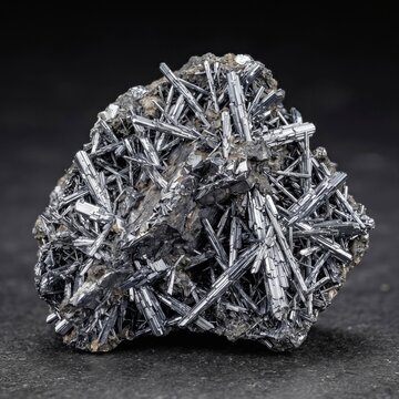 Crisp Macro Texture of Raw Fractured Stibnite Mineral with Metallic Lead-Grey Needle Crystals