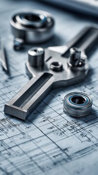 Metallic caliper and ball bearings placed on detailed technical blueprints, symbolizing precision engineering and mechanical design concepts in industry