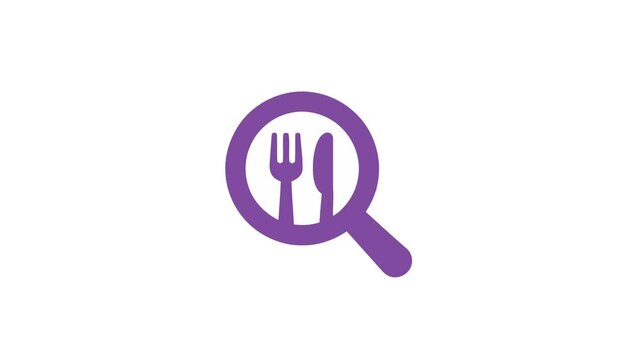Purple magnifying glass icon with fork and knife cutlery for food search interface animation