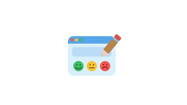 Minimalist animated web interface displaying colorful satisfaction rating emojis in 2D flat style