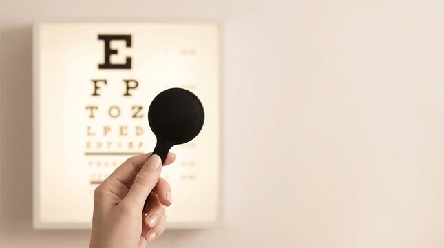 Hand holding black eye occluder tool in front of blurred eye chart for vision test.