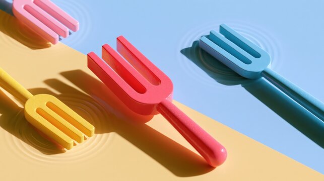 Glossy claymation-style illustration of one struck tuning fork in a calm neutral palette