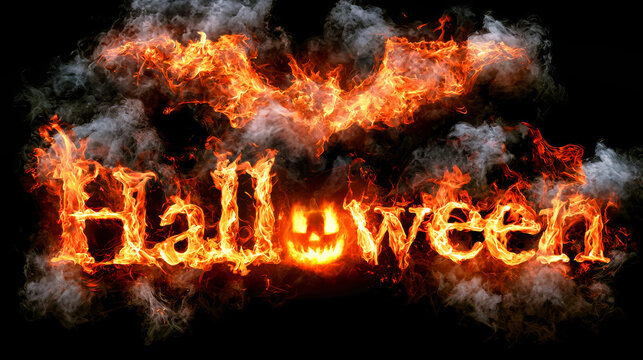 Flames shape the word Halloween with a pumpkin face and fiery bats. This scene captures the spirit of Halloween at night with a dramatic look