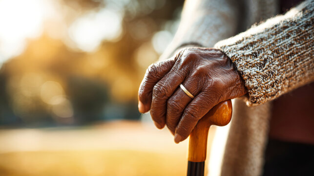 Close-up shows an elderly woman holding a cane while outdoors. The sunlight creates soft shadows. Her hand rests on the cane, revealing details of her sweater