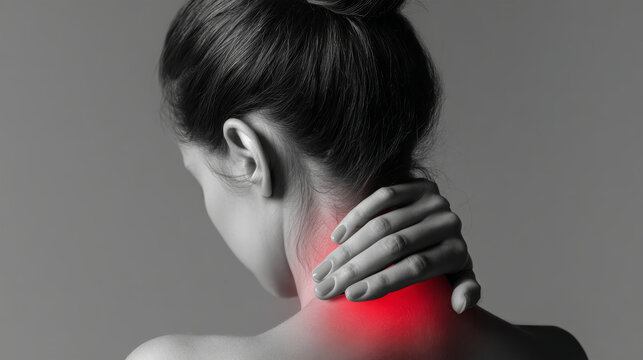 A person stands with their back to the viewer while holding their neck. Red light shines on the neck area. The background is monochrome