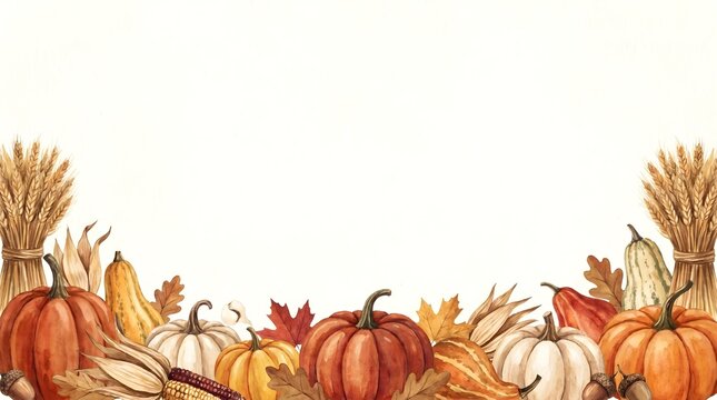 Watercolor autumn harvest border with pumpkins and wheat stalks thanksgiving watercolor seasonal
