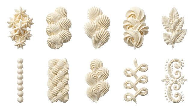 White buttercream frosting piping techniques, set of 10 decorative icing swirls and borders, sweet whipped cream cake toppings