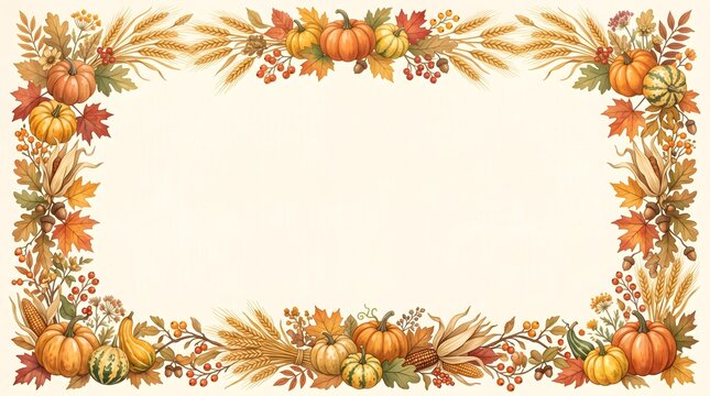 Autumn thanksgiving harvest frame with pumpkins and fallen leaves thanksgiving watercolor