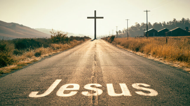 A long country road stretches towards a tall cross with Jesus written on it. Dry grass and shrubs line the road under an early morning or late evening sky