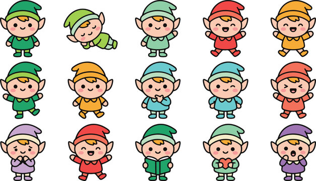 Adorable colorful elf emotion character set collection vector