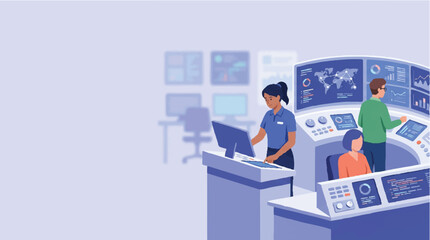 Fototapeta premium Futuristic professional team collaborating at high-tech digital workstation with multiple screens displaying global data analytics, concept for business intelligence, corporate strategy planning and
