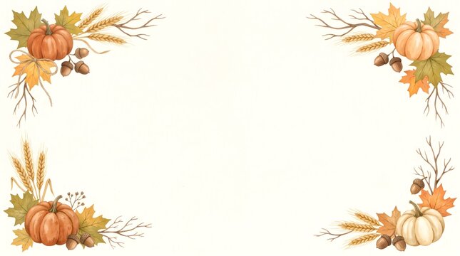 Minimalist autumn corner frames with watercolor pumpkins and wheat watercolor thanksgiving