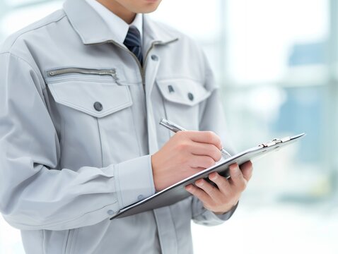 クリップボードにペンで書き込みをする作業着姿の男性スタッフの上半身クローズアップ