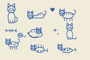 Fototapeta premium Set of blue hand-drawn cat doodles, featuring various feline poses, a fish bone, a yarn ball, a heart, and sparkling star on cream background