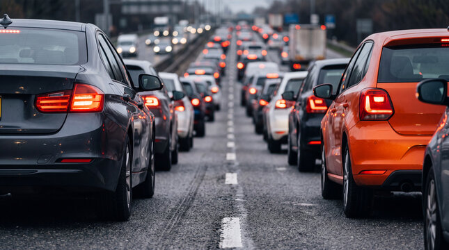 Traffic jam on a highway with multiple cars during the evening commute near a city