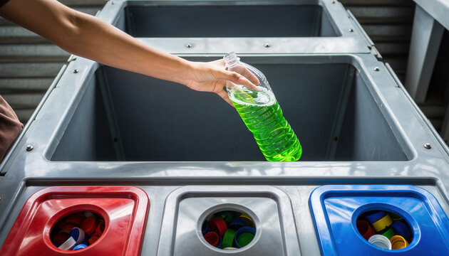 Person adds a green liquid bottle to recycling bin at a collection center during daylight hours