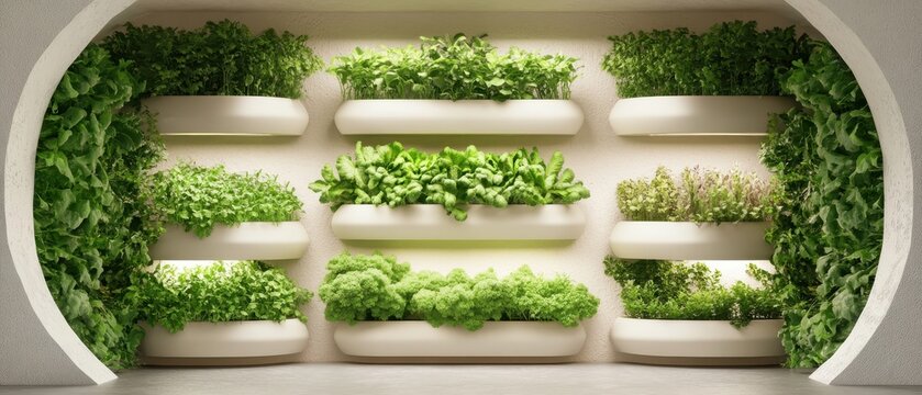 Tiny advanced technology cultivates vibrant green plants in a futuristic vertical garden environment.